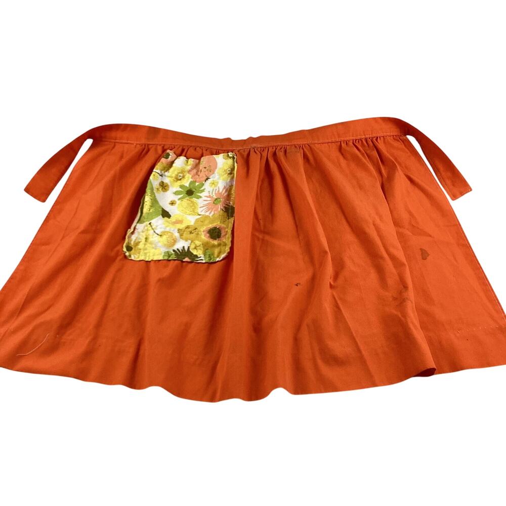 Retro Orange Kitchen Apron Handmade Floral Pocket Short Waist Tie Vintage